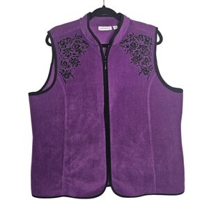 Susan Graver Purple and Black Full-zip Embroidered Beaded Fleece Vest Lg